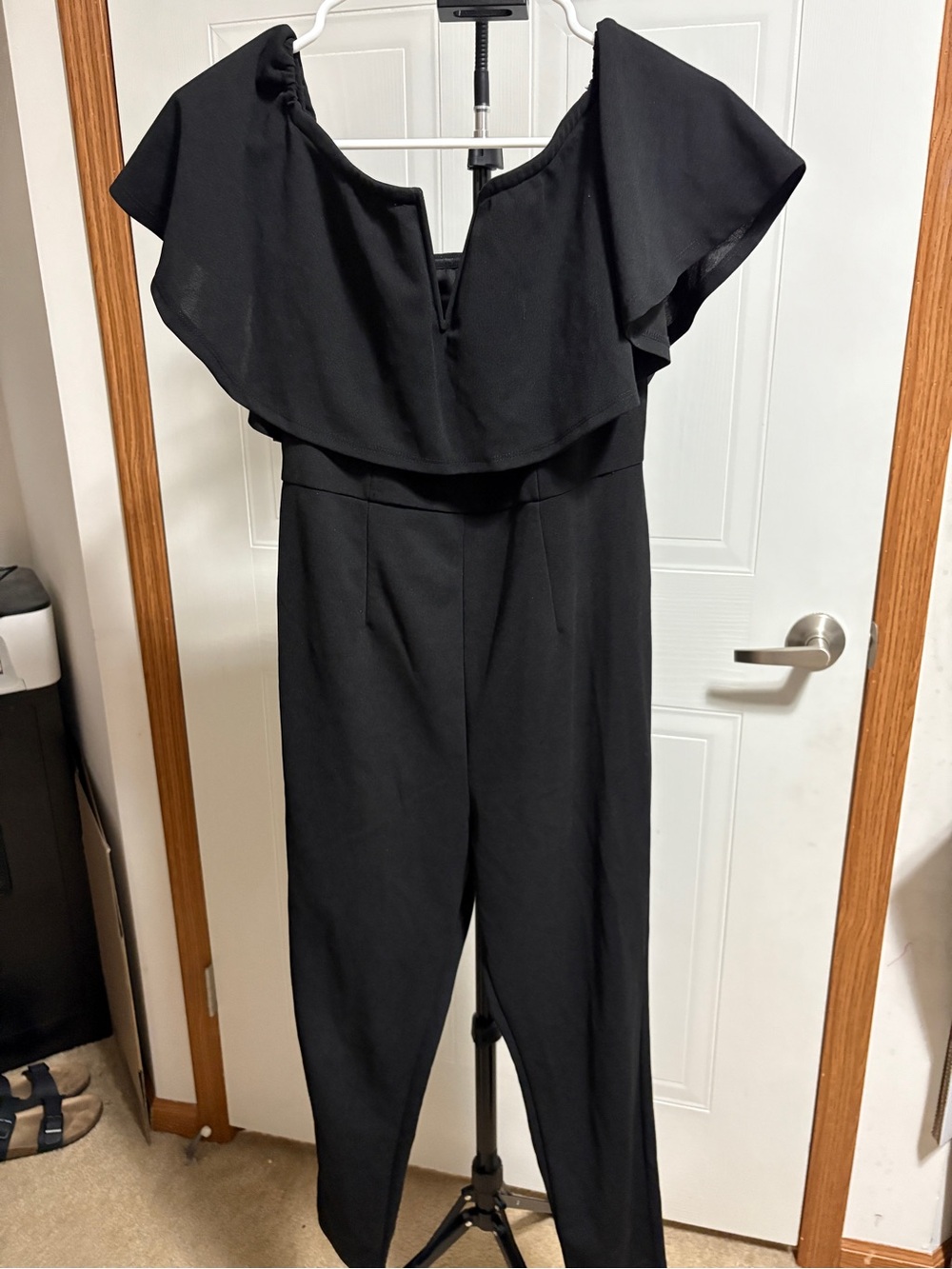 Source Unknown Black Off-Shoulder Ruffle Jumpsuit